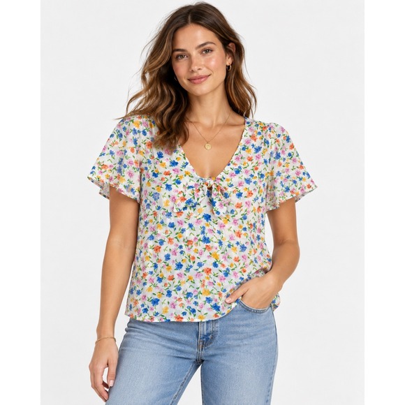 Sezane Tops - Sezane Floral Blouse Womens 42 White Multi Tie Front Flutter Sleeve V-Neck Top